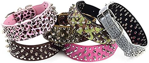 AM MARCH 17"-20" Faux Leather Spiked Studded Dog Collar 2" Wide,Small size (Grey-crocodile)