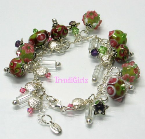 Click here to buy ONE OF A KIND LAMPWORK BEADS SWAROVSKI CRYSTALS STERLING SILVER BRACELET (Island Retreat).