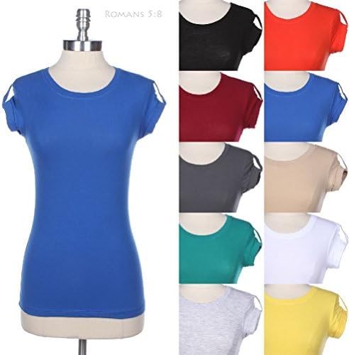 CSG Round Neck Basic Solid Plain Cotton Top T Shirt Tabbed Shoulder Short Sleeve