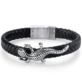 Mens Contemporary Black Woven Leather Bracelet with Gecko Motif Free Shipping