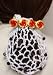 Hand Crocheted White Rayon Cotton Gimp Small Snood Trimmed with Black Beads Mounted on French Barrette with Four Red and Antique Gold Buttons
