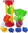Double Sand Wheel Beach Toy Set for Kids with Bucket, Shovels, Rakes, Sailboat & 3 Shape Molds