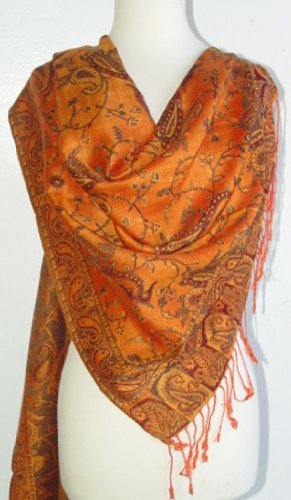 Elegant Apricot Reversible Paisley Pashmina Silk Shawl Wrap