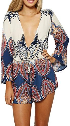 Mink Gal Women Long Sleeves Leaf Pattern Deep V Neck Casual Jumpsuit Romper Colour Nacy Blue Size L