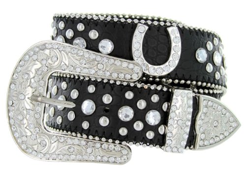 Western Cowgirl Horseshoe Charm Bling Belt with Rhinestone Studded Buckle and Strap