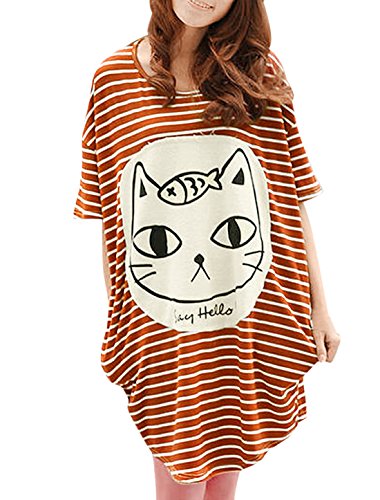Allegra K Women Stripe Batwing Sleeve Oversize Tunic Top T-shirts Dark Orange XL