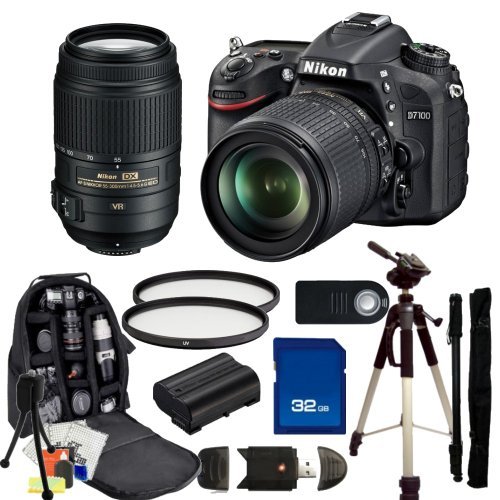 detail Nikon D7100 DSLR Camera Kit with 18-105mm f/3.5-5.6G VR & 55-300mm f/4.5-5.6G VR Lenses. Includes: 2 High Definition UV Filters, 32GB Memory Card, High Speed Card Reader, Extended Life Replacement Batteries, Full Size Tripod, Monopod, Deluxe Backpack & More