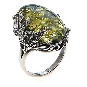 Green Amber and Sterling Silver Large Ring, Size 6