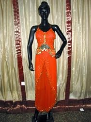 Orange Bra Choli Hip Wrap Scarf Coin Bellydance Costume M