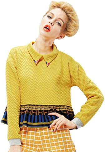 Elf Sack Womens Autumn Blouse False Turn-down Collar Printing Hem Piecing Medium Size Yellow