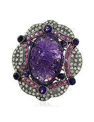 18kt Yellow Gold Diamond Pave Gemstone Carved Cocktail Ring Silver Jewelry