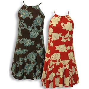 Drop Waist Halter Dress - Bold Hibiscus Hawaiian Aloha Drawstring Back Flared Circular Skirt Halater Sun Dress