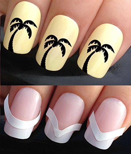 WATER NAIL DECALS TRANSFERS STICKERS TATTOO ART SET #355 & 172. **plus x48 nail tip guides!!** x24 TROPICAL DUSK PALM TREES TATTOO WRAPS & x48 FRENCH MANICURE TIP GUIDES! CAN BE USED WITH NATURAL GEL ACRYLIC STICK ON NAILS! OR WITH GLITTER DUST CAVIAR BEADS ALLOYS DECORATIONS CONFETTI FIMO SHAPES TAPE PENS RHINESTONES!