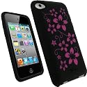 iGadgitz Black & Pink Flowers Silicone Skin Case Cover for Apple iPod Touch 4th Generation 8gb, 32gb, 64gb + Screen Protector
