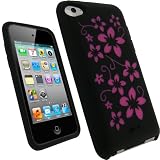 iGadgitz Black & Pink Flowers Silicone Skin Case Cover for Apple iPod Touch 4th Generation 8gb, 32gb, 64gb + Screen Protector