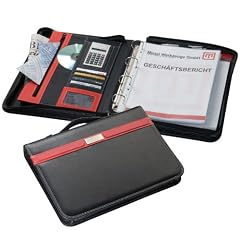 Edle A4 Ringbuchmappe/ Schreibmappe mit Rei�verschluss aus feinstem Bonded Leder - incl. Rechner & liniertem Block - 36,5 x 28 x 6,5 cm - schwarz/ rot (2187)