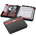 Edle A4 Ringbuchmappe/ Schreibmappe mit Rei�verschluss aus feinstem Bonded Leder - incl. Rechner & liniertem Block - 36,5 x 28 x 6,5 cm - schwarz/ rot (2187)