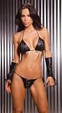 Leather Black Lace Up Bra G-String Panty 2 Piece Set