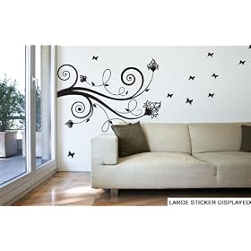 Floral Butterfly Design Wall Art Vinyl Stickers, Living Room, Office, Bedroom, Sizes and Colours Available, Apply in 5 minutes, Free Applicator, Easy Peel - - PLEASE CHOOSE YOUR SIZE & COLOUR USING DROP DOWN MENU - - - Large 116cm x 68cm Black