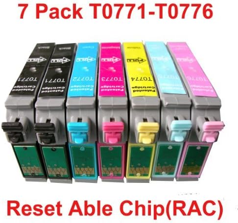 7 pack (2BK 1C 1M 1Y) US Patented Compatible Cartridges 77 T077 for Epson Stylus Photo R260, R280, R380, RX580, RX595, RX680 ... The Cartridge #77 with Reset-Able Chips (RAC).