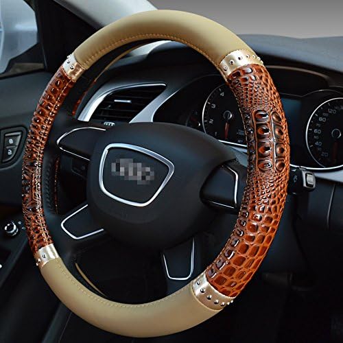 Microfiber Leather Alligator Pattern Covers 15Inch Steering Wheel Cover Inset Metal Rivets Anti-slip Soft Car Styling Protection for BMW/Ford Kuga Focus 2 3/Honda Civic (Beige+Brown)