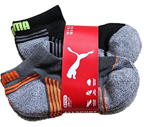 Puma All Sport Cushioned Low Cut Socks - 6 Pack Shoe Size 4 - 9.5 (Black/Grey)