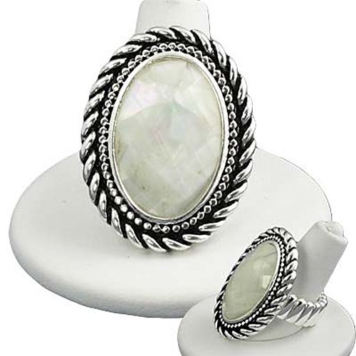 Silvertone Mother of Faux Pearl Oval Stretch Fashion Ring