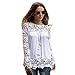 Chen Women White Sheer Sleeve Embroidery Top Blouse Lace Crochet Chiffon Shirt (14)