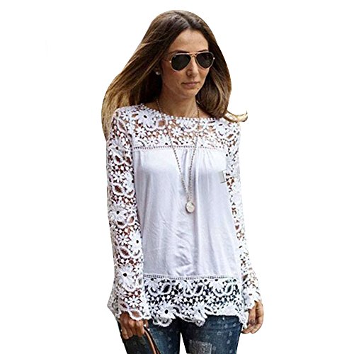 Chen Women White Sheer Sleeve Embroidery Top Blouse Lace Crochet Chiffon Shirt (14)