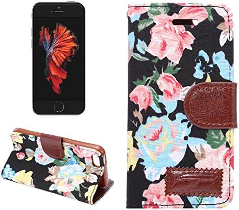iPhone SE case, SAUS [Flower Series] [Kickstand Feature] Fashion Design Dual-Use Flip PU leather Fold Wallet case Cover with Card slot and Magnetic Closure For iPhone 5SE / 5S / 5 (Black)