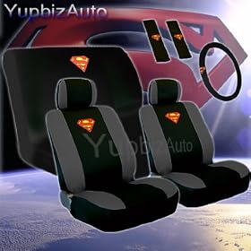 Auto Interior Gift Set - Complete Superman Classic Red and Yellow Shield Front Low Back Bucket Seat Covers Read Bench Seat Cover Set with Bonus Purple Slice