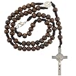 Brown Wood Bead Rosary with Saint Benedict Cross - 7mm Beads - 12.5'' Overall Length, 16'' Necklace