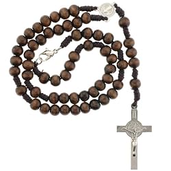 Brown Wood Bead Rosary with Saint Benedict Cross - 7mm Beads - 12.5'' Overall Length, 16'' Necklace