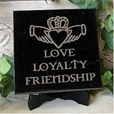 Crowned Heart w/ Two Hands - Love Loyalty Friendship 4 Lasered Black Galaxy Granite MiniStone Plaque / Coaster