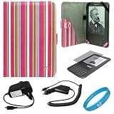 Pink Colored Stripes Pattern Design Protective Portfolio Nylon Carrying Case Cover for Amazon Kindle 3rd Generation Wireless Reading Device 3G Wi-Fi 6 inch LCD Display + Clear Screen Protector Guard for Kindle 3 Wifi + Rapid Travel Wall Charger with IC Chip + Rapid Car Charger with IC Chip + SumacLife TM Wisdom Courage Wristband