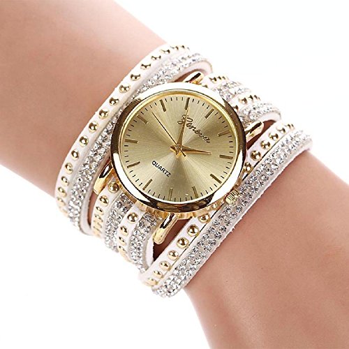 New Women Crystal Rivet Bracelet Quartz Braided Winding Wrap Wrist Watch White&black