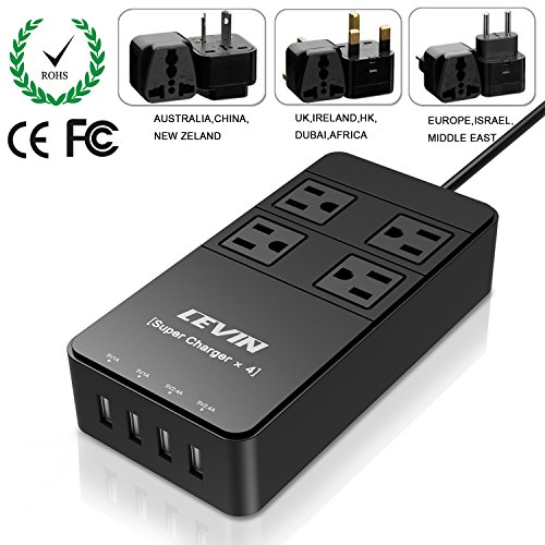 Levin UC-0006 4 Outlet Home/Office Smart Charger with 4 AC Plugs and 4 USB Charger Ports, 5 Feet - Black