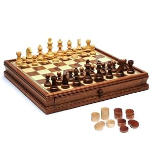 Brown and Natural French Staunton Style Chess & Checkers Set with a 15 Inch Wooden Board with Storage Drawer