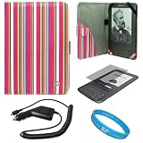 Pink Colored Stripes Pattern Design Protective Portfolio Nylon Carrying Case Cover for Amazon Kindle 3rd Generation Wireless Reading Device 3G Wi-Fi 6 inch LCD Display + Clear Screen Protector Guard for Kindle 3 Wifi + Rapid Car Charger with IC Chip + SumacLife TM Wisdom Courage Wristband