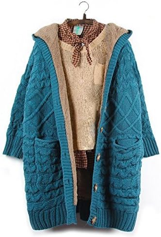 Peacock Blue New Large Size Women Slim Lamb's Wool Coat Long Section Plus Velvet Hooded Sweater Knit Cardigan