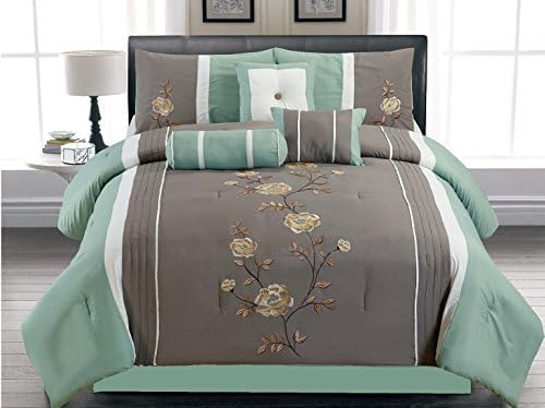 7 Pieces Luxury Grey &amp; Blue Vine Comforter Set King Size Bed in a Bag On Sale