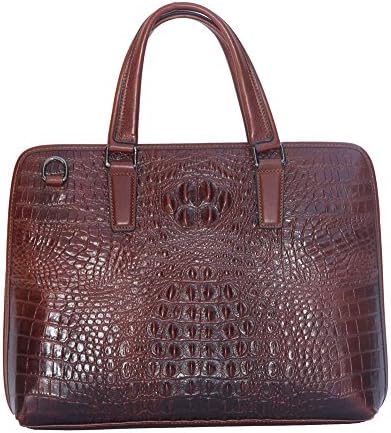 Jsix Business Mens Cow Leather Briefcase Bag Crocodile Embossed Brown