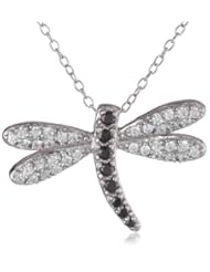 Sterling Silver Black and White Cubic-Zirconia Dragonfly Pendant Necklace, 18"