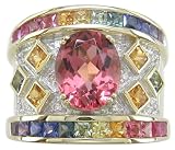 18KT Salmon Tourmaline, Rainbow Sapphire & Diamond Ring