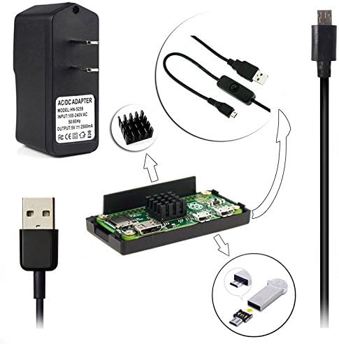 5 in 1 Kit for Raspberry Pi Zero ,Power Supply Adapter +Black Case Cover + Heatsink Cooler + Cable with ON/OFF Button + Micro USB to female USB 5pins OTG Adapter [Raspberry Pi Zero Not Included]