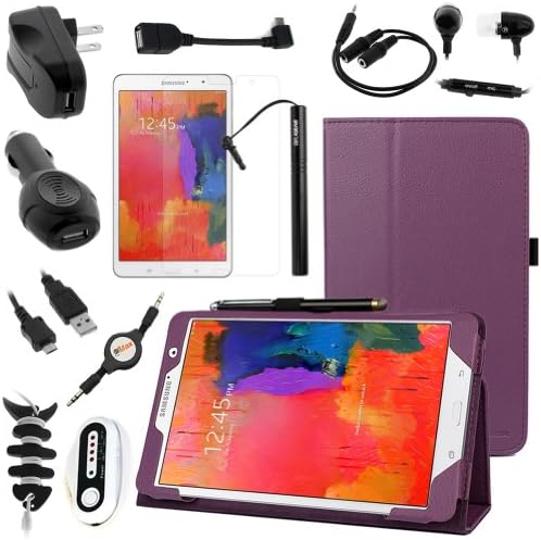 BIRUGEAR 12 Items Essential Accessories Bundle kit for Samsung Galaxy Tab Pro 8.4 Tablet ( SM-T320 / T325) - 8.4-Inch Android Tablet ( Purple SlimBook Leather Folio Stand Case included )