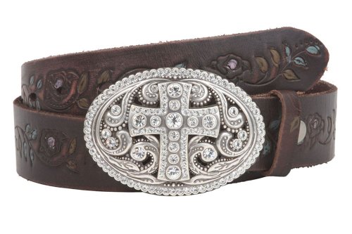 1 1/2 Inch Snap On Soft Hand Floral Tree Engraving Oil Tanned Vintage Full Grain Leather Rhinestone Floral Cross Belt Size: 40 Color: Brown