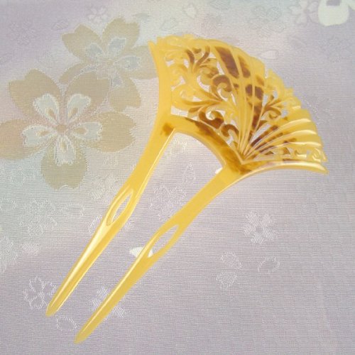 本べっ甲(べっこう)張 バチ型簪(かんざし)イチョウ唐草 成人式 結婚式 浴衣 鼈甲