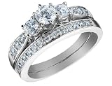Three Stone Diamond Engagement Ring & Wedding Band Set 1 Carat (ctw) in 14K White Gold (Certified)