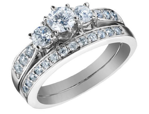 Three Stone Diamond Engagement Ring & Wedding Band Set 1 Carat (ctw) in 14K White Gold (Certified)